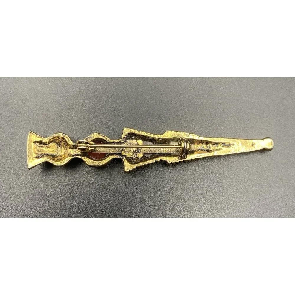 Vintage Scottish Style Thistle Dirk Kilt Pin Brooch Gold Tone Faux Agate 3" - Picture 2 of 7